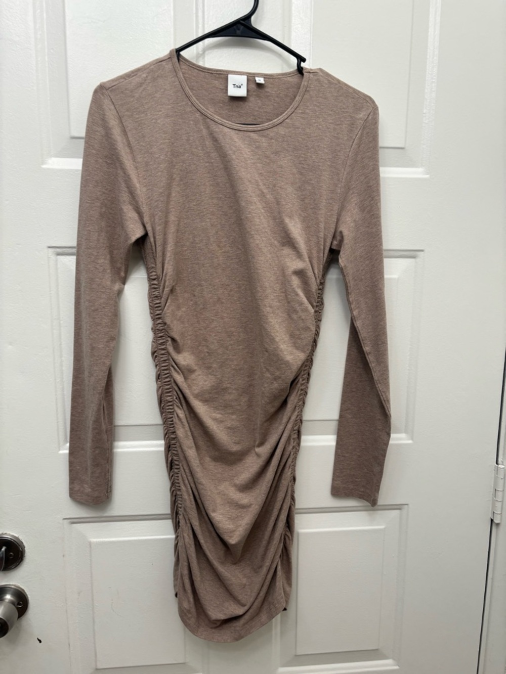 TNA Long Sleeve Ruched Midi Dress in Taupe
